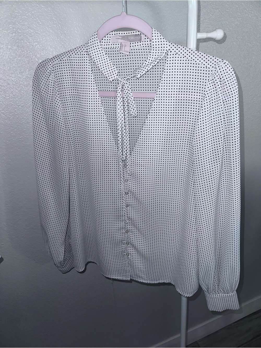 Forever 21 White Polka Dot Button-Front Tie-Neck Blouse